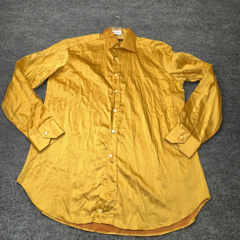 Etro Milano Dress Shirt Mens 16.5 42 Yellow Herringbone Stripe Silk Look Italy